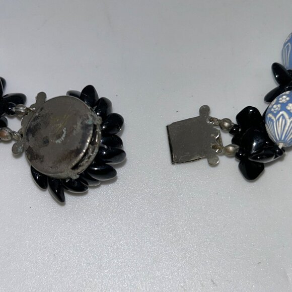 Vintage West Germany Blue & Black Easter Egg Bead Necklace Box Clasp Clip-On - Picture 8 of 16